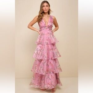 Lulus Garden Radiance Pink Floral Print Organza Tiered Maxi Dress